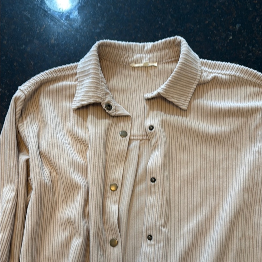 Free People Ribbed Beige Button-Up Shirt
